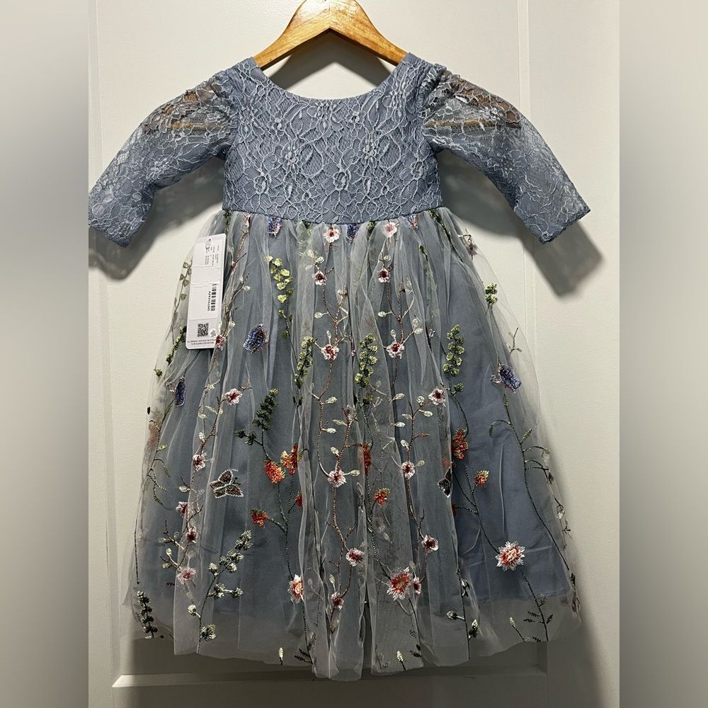 Azazie Embroidered Lace Tulle Flower Girl Dres Formal Sunshine Dusty Blue Size 2